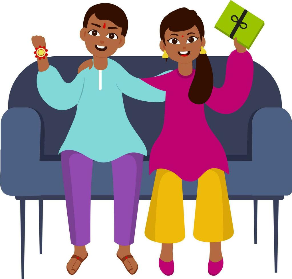 alegre irmã e irmão sentado às sofá em a ocasião do raksha bandhan. vetor