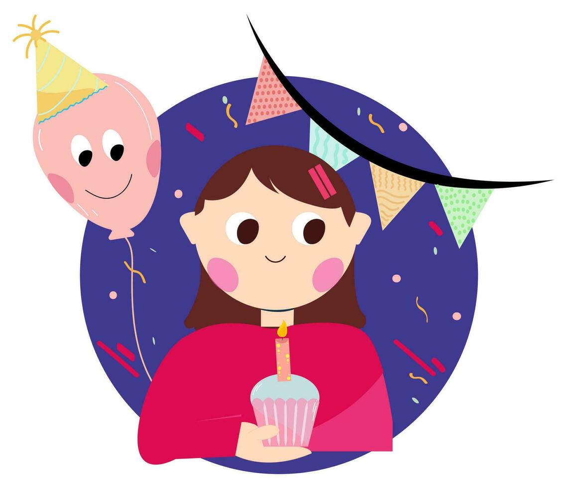 adesivo do fofa jovem menina desenho animado segurando queimando vela copo bolo em balões e estamenha bandeiras decoração fundo. vetor