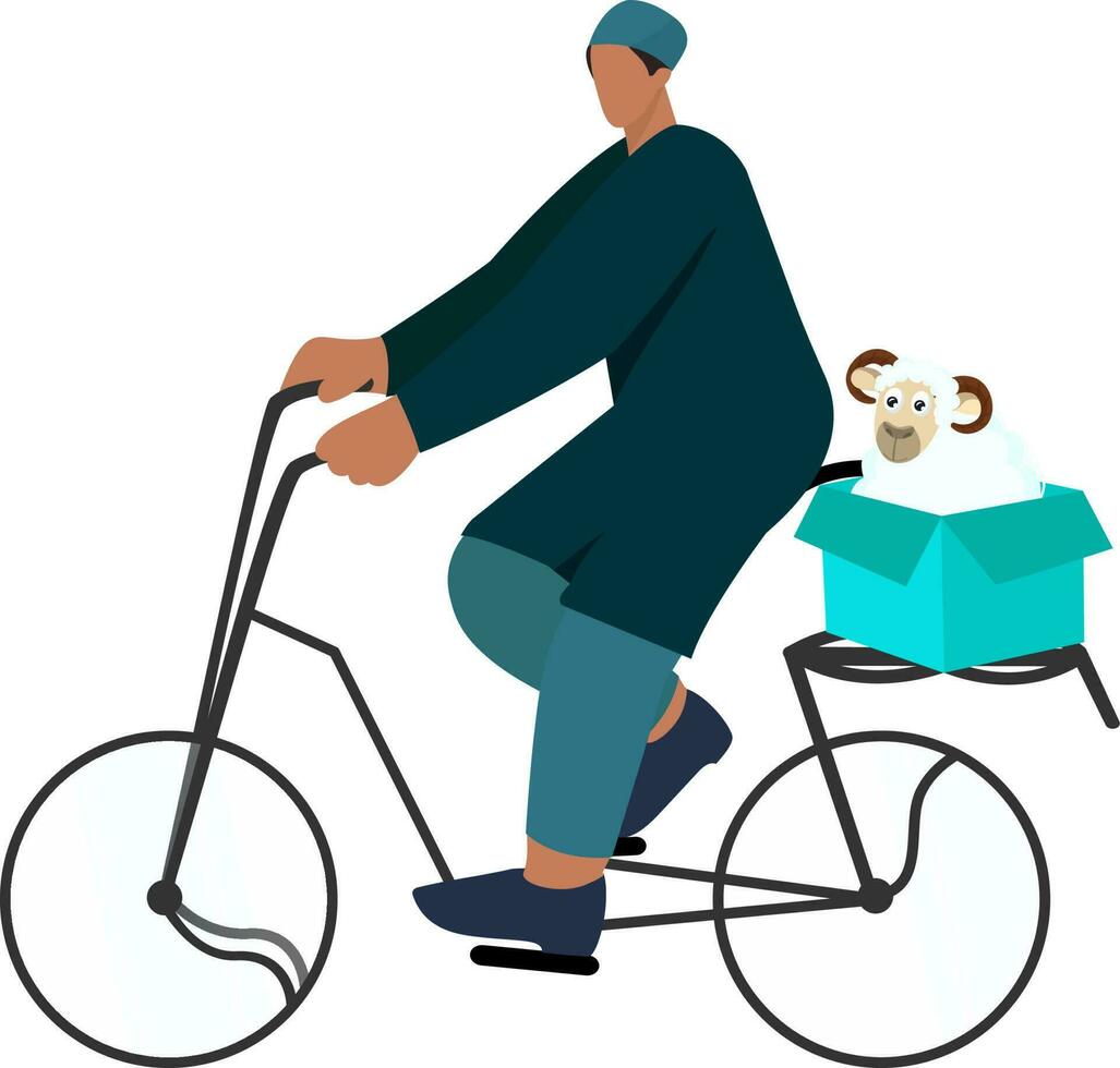 ilustração do muçulmano homem personagem dirigindo bicicleta com ovelha dentro caixa. vetor