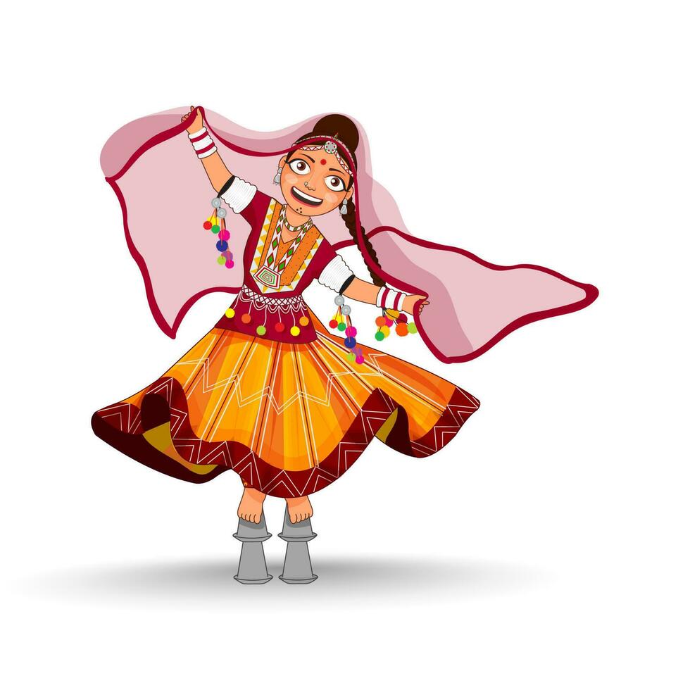 Rajasthani jovem menina fazendo desempenho dentro tradicional vestir. vetor