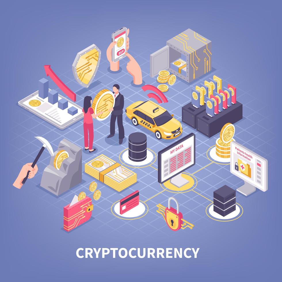 ilustração em vetor composição isométrica de criptomoeda