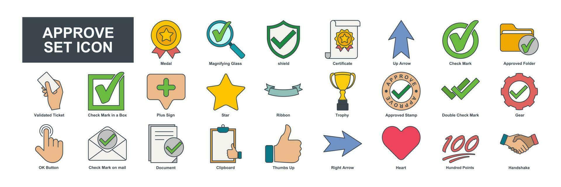 aprovar elementos cor conjunto ícone símbolo modelo para gráfico e rede Projeto coleção. segurança, aprovação, certificado, certificação, enviar e Mais logotipo vetor ilustração