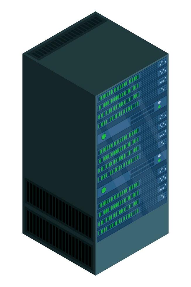 isométrico servidor. rede servidor sala. servidor dentro armários. armazenamento base de dados. isométrico tecnologia. vetor ilustração