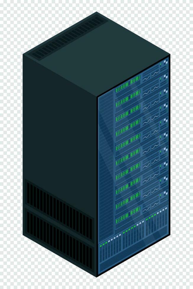 isométrico servidor. rede servidor sala. servidor dentro armários. armazenamento base de dados. isométrico tecnologia. vetor ilustração