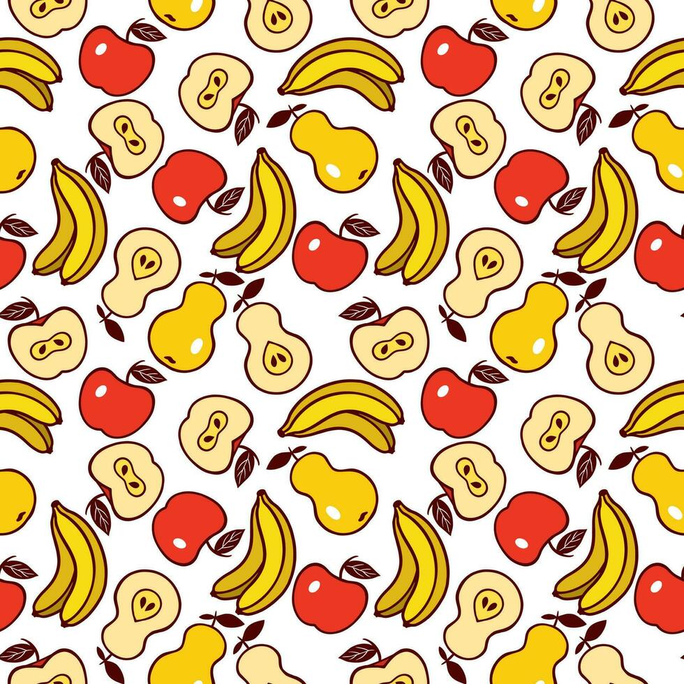 bananas, peras, maçãs desatado vetor padronizar com frutas. Projeto do têxteis, roupas, capas, invólucro papel.