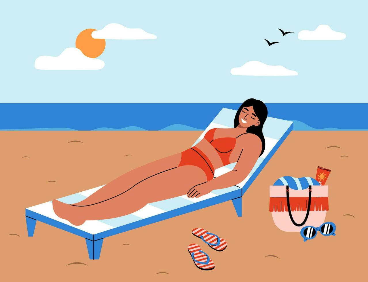 jovem mulher relaxante em chaise longue em verão de praia e banho de sol. beira-mar período de férias conceito. plano vetor ilustração.