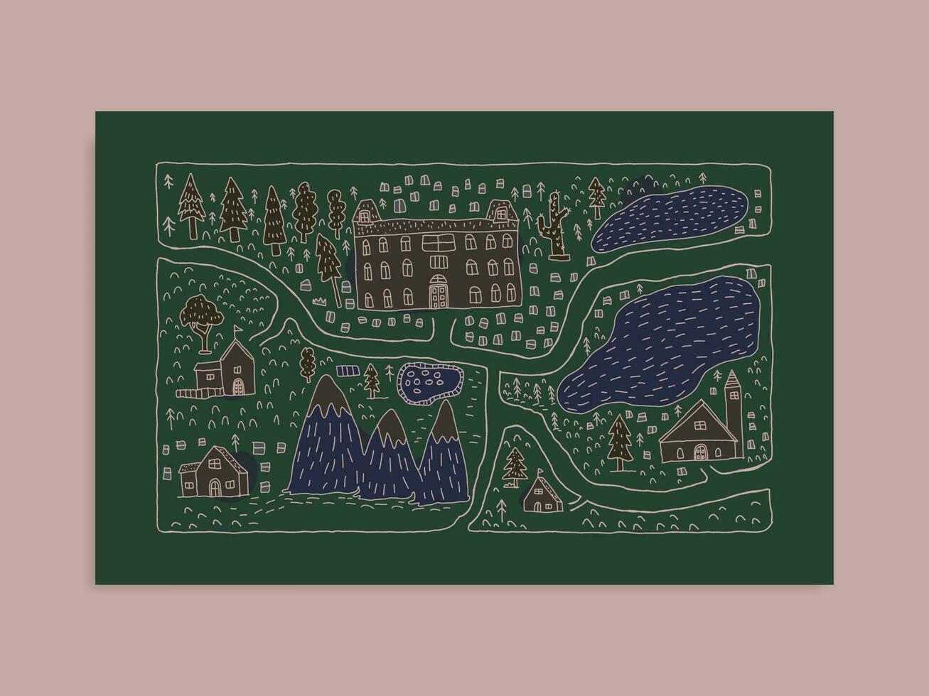 rabisco mapa. mão drwan do Vila, montanha, vazar, estrada, árvores, casas e construção vetor