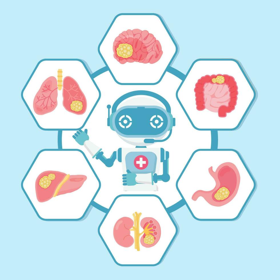 robô médico explicando sobre . interno humano órgão.inteligente cuidados de saúde tecnologia. vetor
