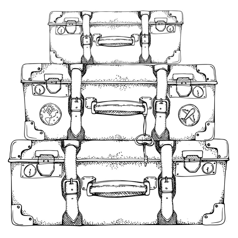 tinta mão desenhado vetor esboço. ilustração com conjunto do retro vintage velho malas bagagem Bagagem com adesivos e chave. Projeto para turismo, viagem, folheto, casamento, guia, imprimir, cartão, tatuagem.