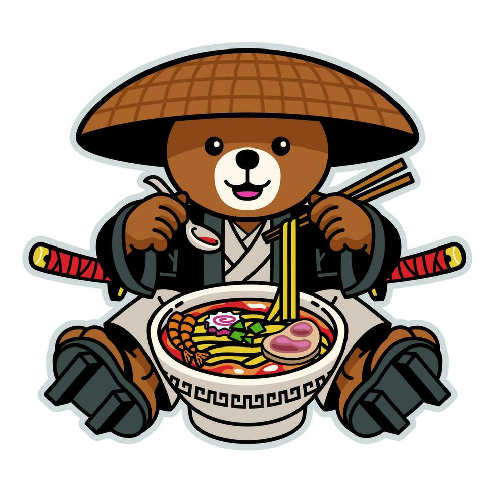 Urso samurai personagem comendo ramen macarrão vetor
