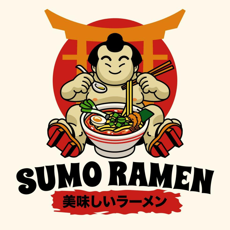 fofa sumô mascote personagem comendo ramen macarrão japonês palavra significa delicioso ramen vetor