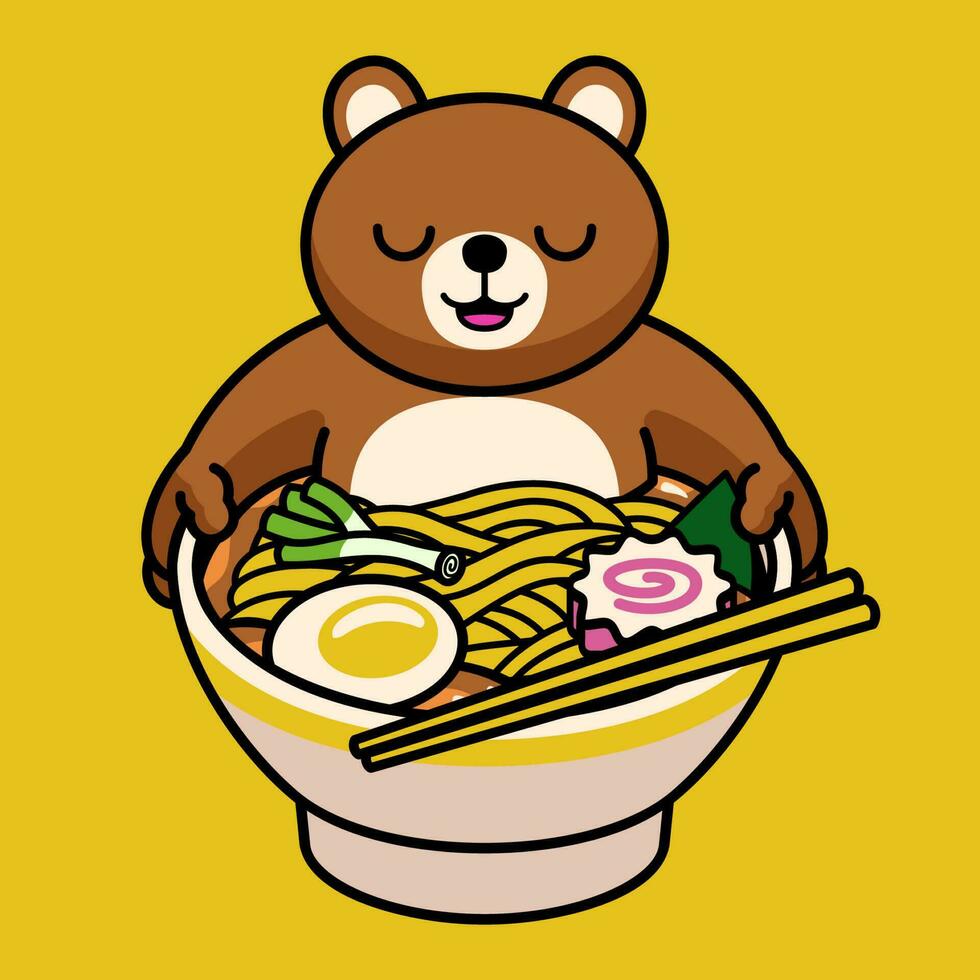 Urso desenho animado do ramen macarrão mascote vetor