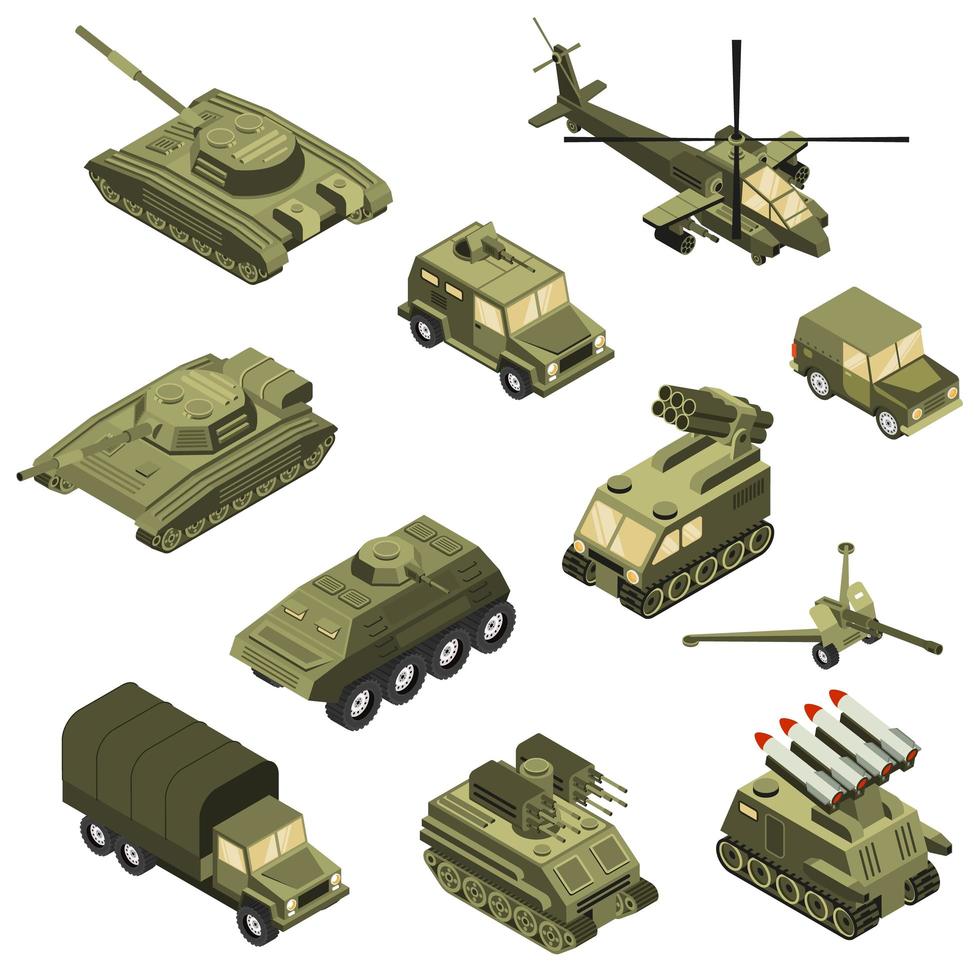 ilustração vetorial conjunto isométrico de veículos militares vetor