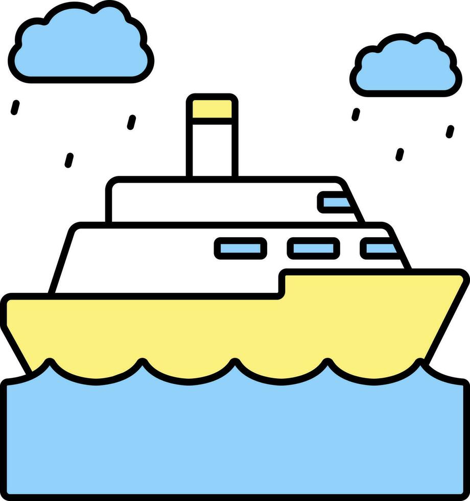 azul e amarelo navio e chovendo nuvem plano ícone. vetor