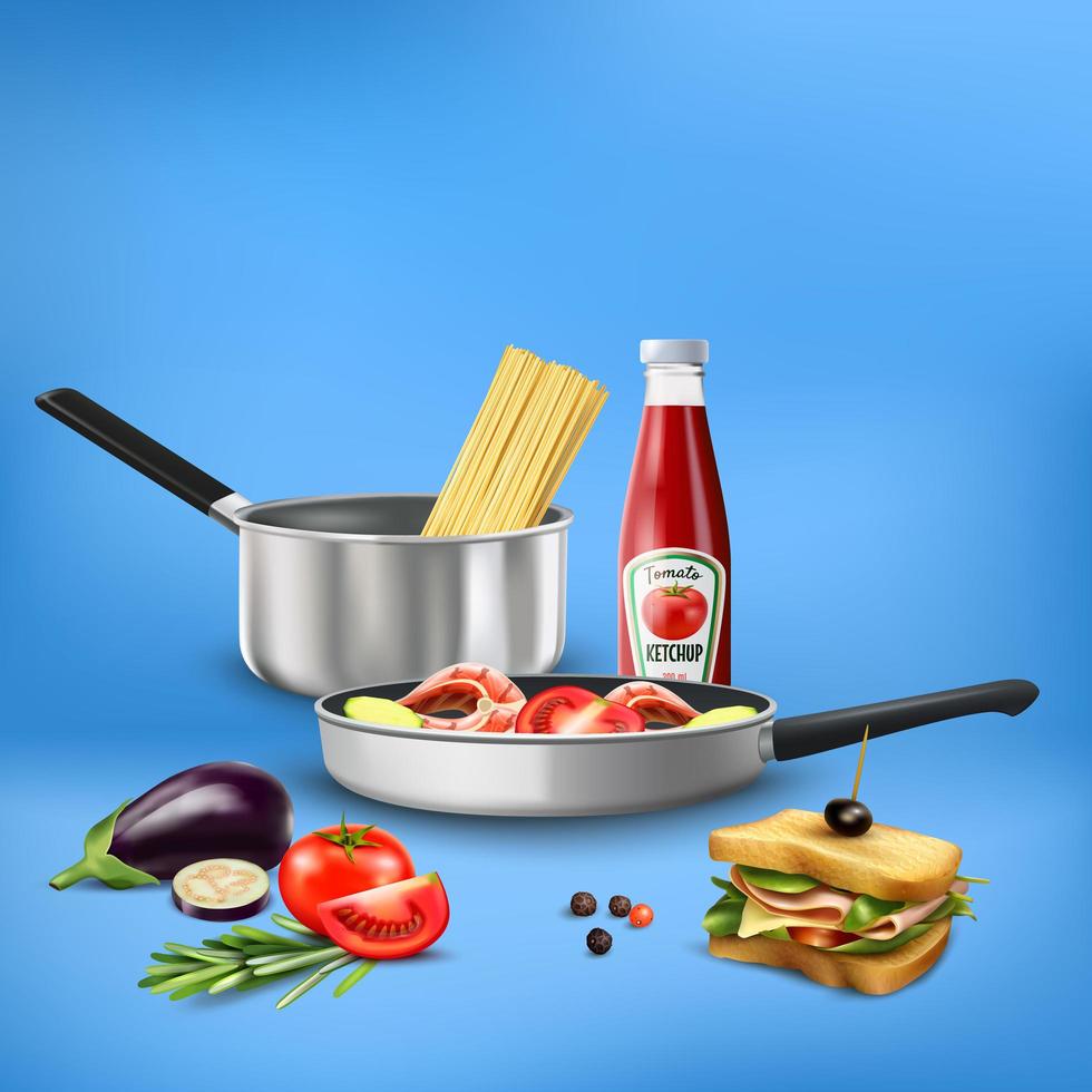 ilustração vetorial de composição de alimentos ferramentas de cozinha realistas vetor