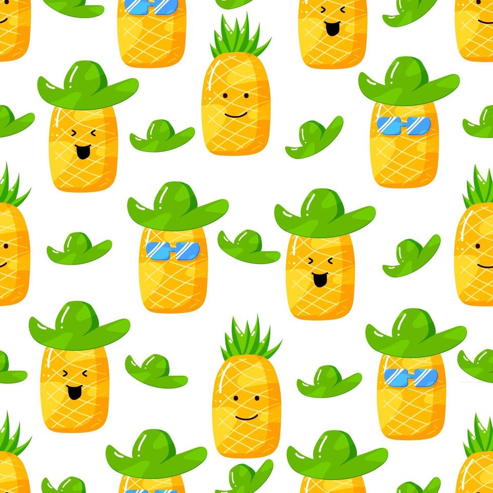 personagem de desenho animado de abacaxi de verão fofo com padrão sem emenda de estilo desenhado de mão plana vetor
