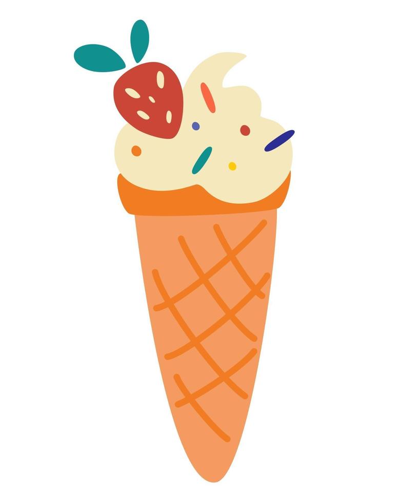 delicioso sorvete colorido em um cone de waffle. sorvete com morango. vetor