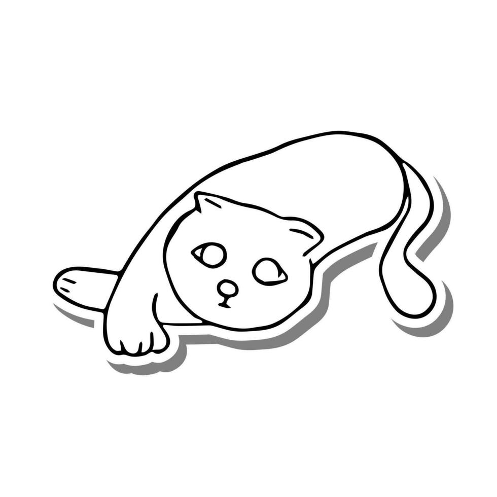 Preto linha uma gato deitado em branco silhueta e cinzento sombra. mão desenhado desenho animado estilo. rabisco para coloração, decoração ou qualquer Projeto. vetor ilustração do criança arte.