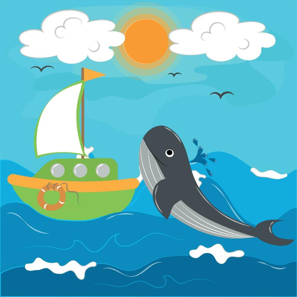 ilustração com uma navio e uma baleia dentro a mar vetor
