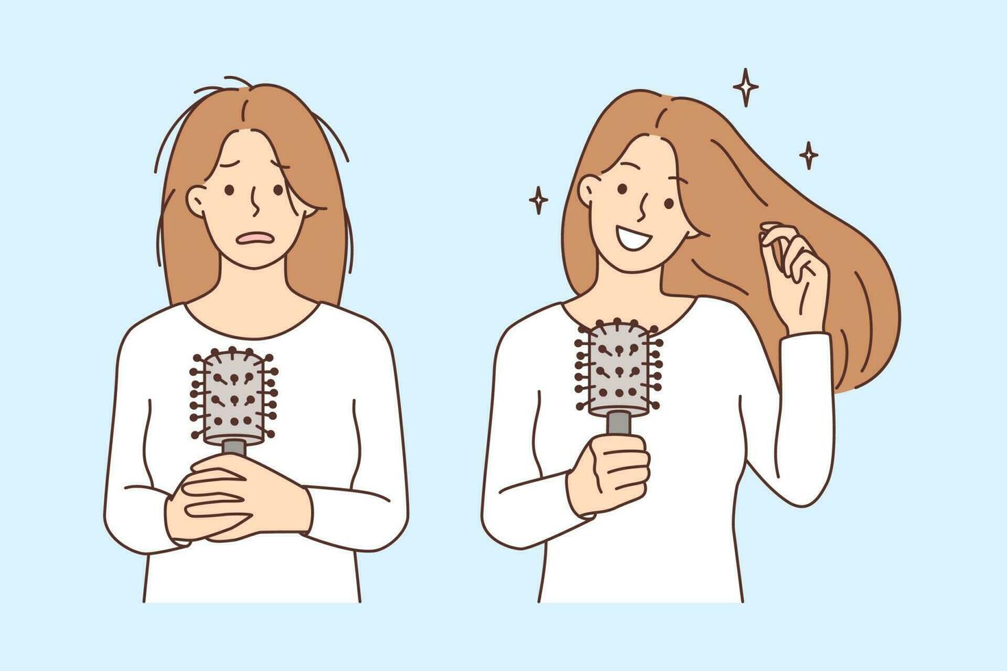 jovem mulher antes e depois de cabelo tratamento. fêmea cliente mostrando resultado do penteado salão procedimentos. beleza conceito. vetor ilustração.