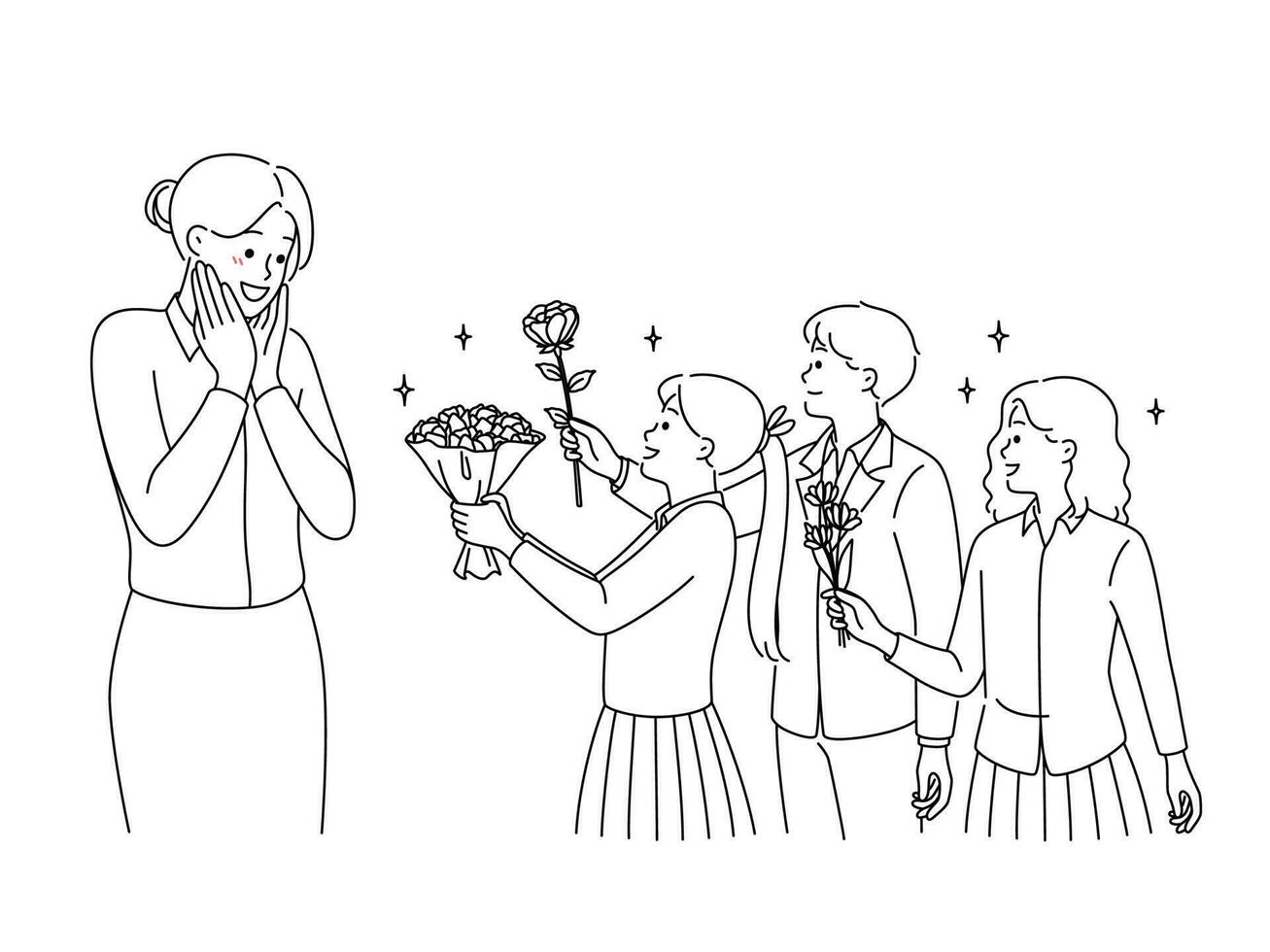 feliz crianças dentro uniforme cumprimento animado jovem professor apresentando flores sorridente crianças felicitar fêmea tutor às escola. vetor ilustração.
