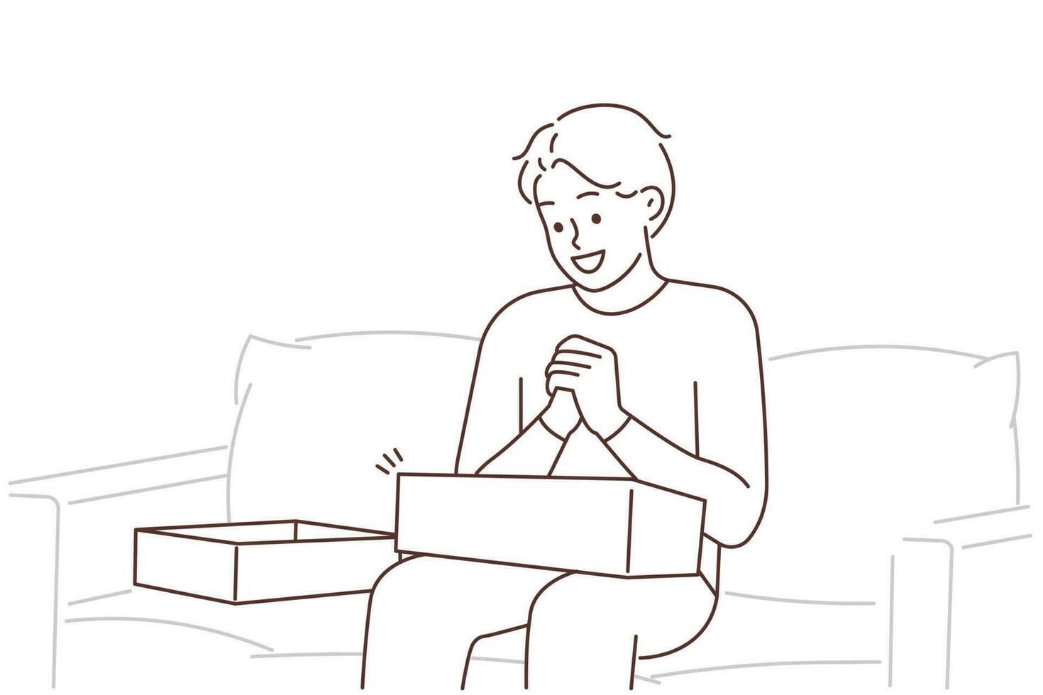 animado jovem homem sentar em sofá às casa aberto ordem compras on-line. sorridente cara desempacotar cartão pacote comprando em Internet. consumismo. vetor ilustração.
