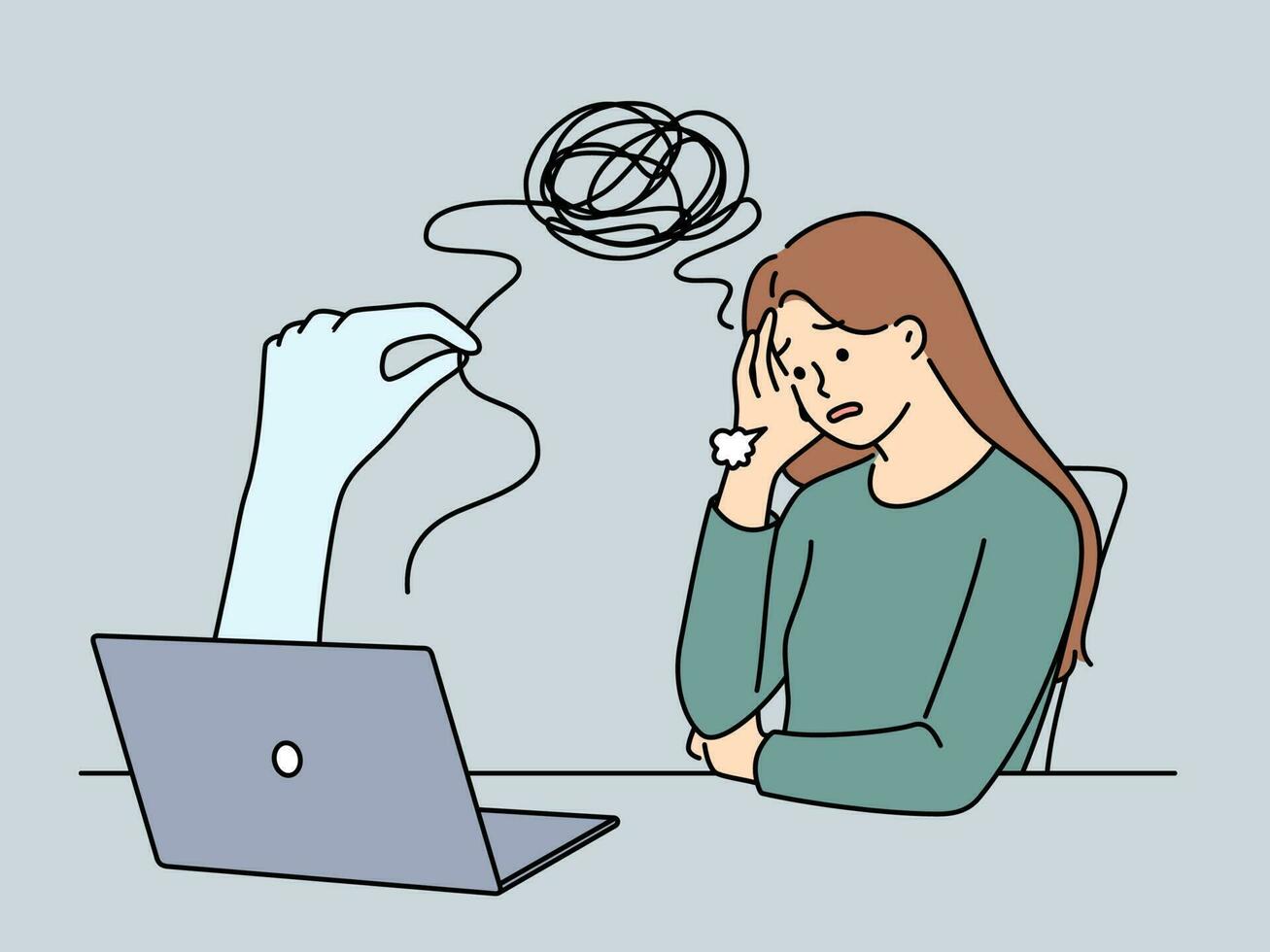 infeliz jovem mulher sentir estressado ter conectados sessão em computador com psicoterapeuta. angustiado menina consultar psicólogo em vídeo ligar em computador portátil. vetor ilustração.