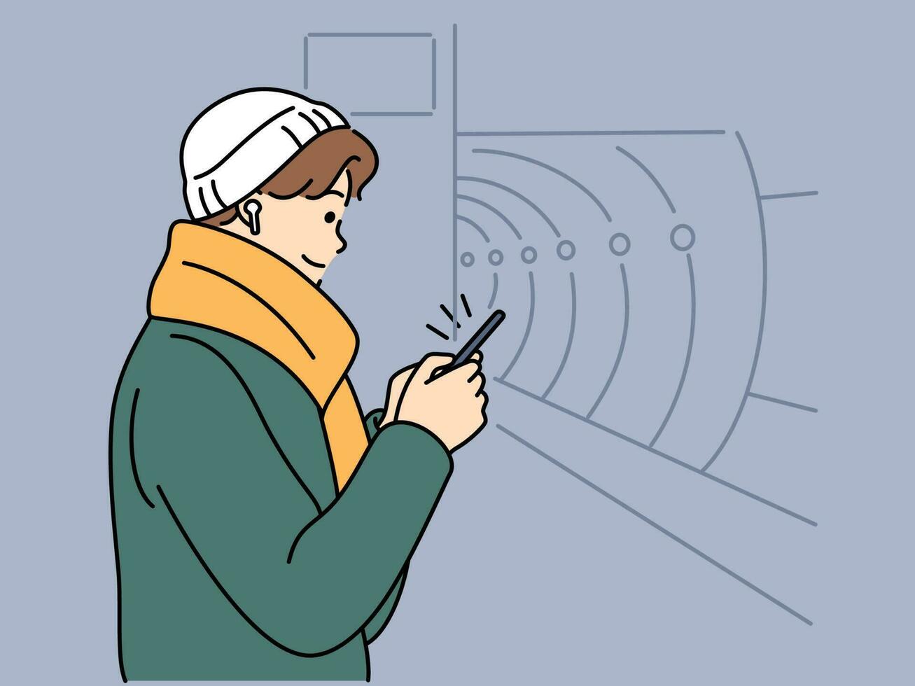 jovem homem dentro fones de ouvido usar celular esperando para metro. cara com Smartphone dentro metrô. público transporte. vetor ilustração.