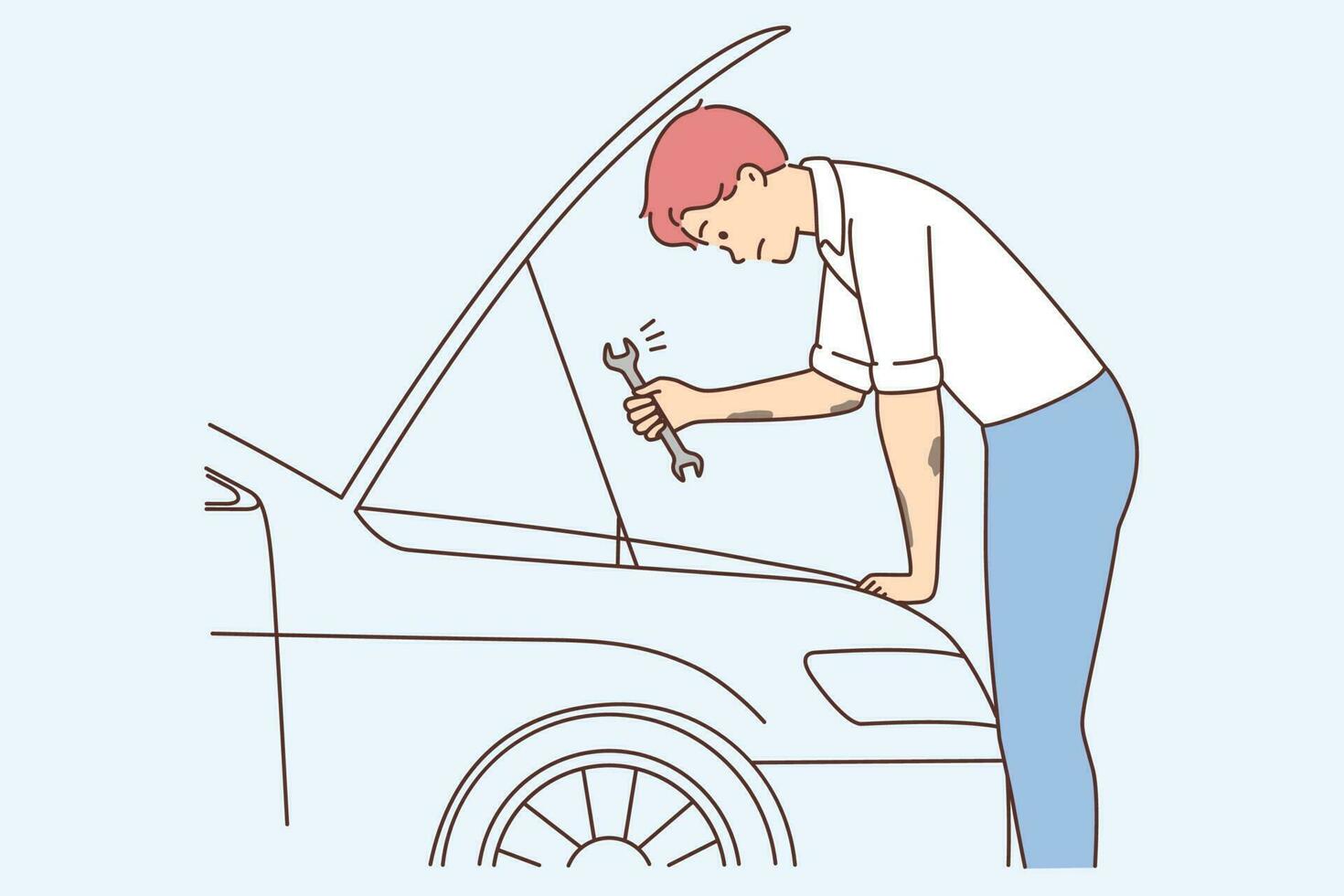 perturbado jovem homem reparar carro com chave inglesa. angustiado infeliz masculino Veja debaixo de capuz consertar automóvel com ferramenta. vetor ilustração.