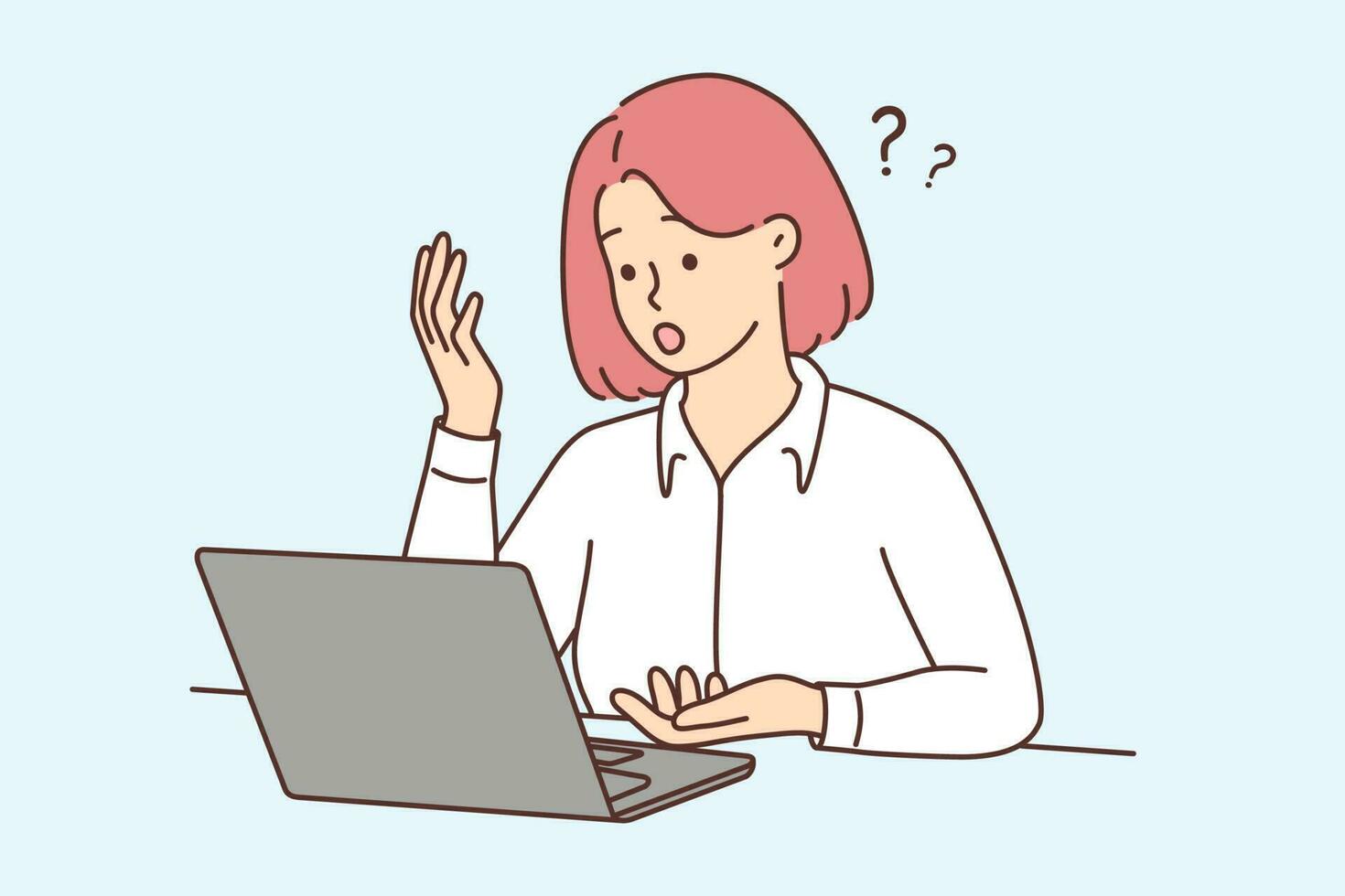frustrado mulher Veja às computador portátil tela chocado com conectados problema. infeliz fêmea confuso com inesperado notificação em computador. vetor ilustração.