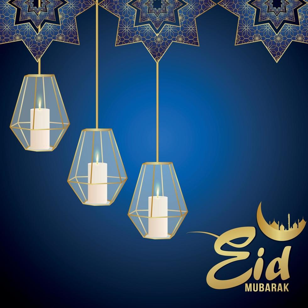 Ilustração em vetor eid mubarak de lanterna islâmica em fundo azul padrão