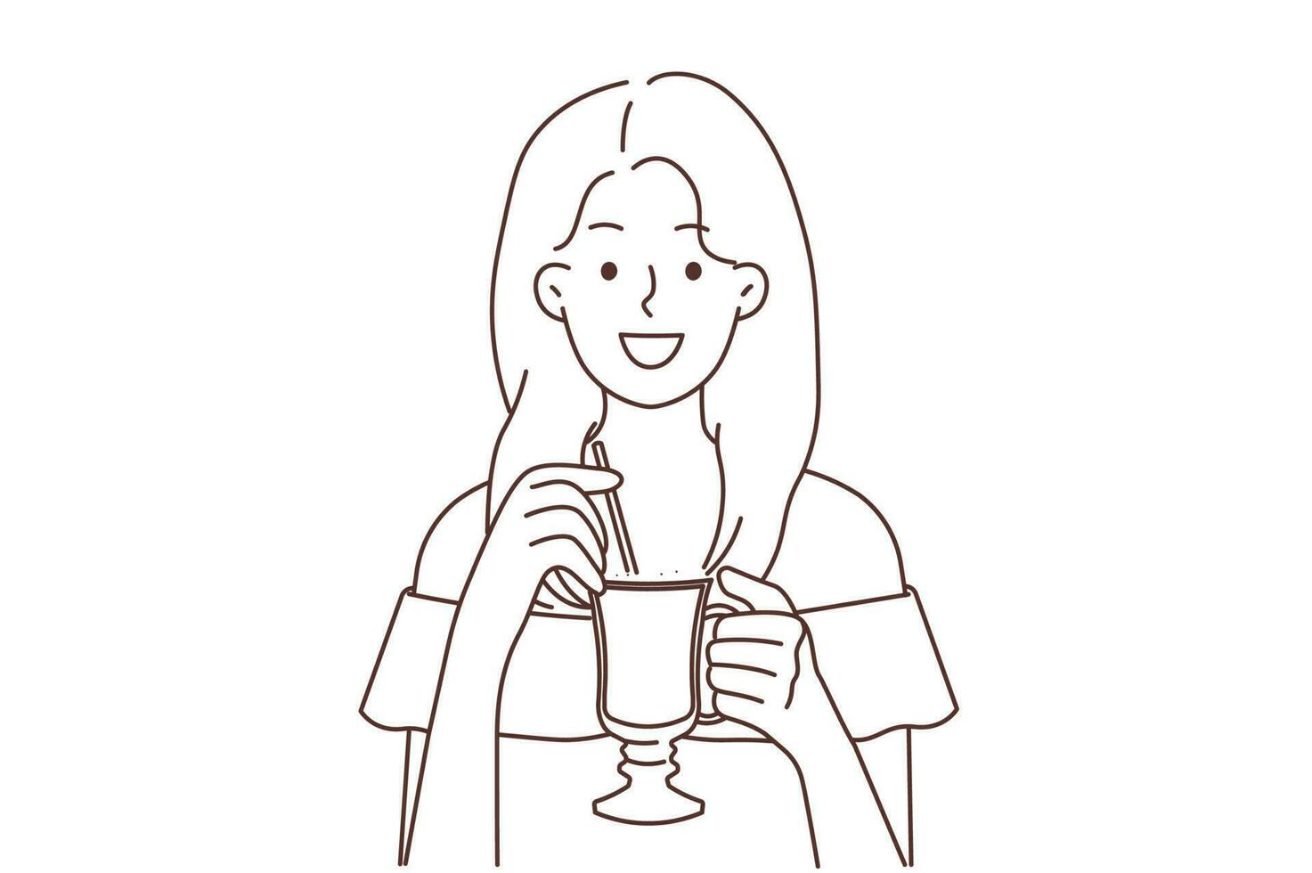 sorridente jovem mulher beber café a partir de vidro copo. feliz menina apreciar café com leite ou cappuccino com canudo. vetor ilustração.