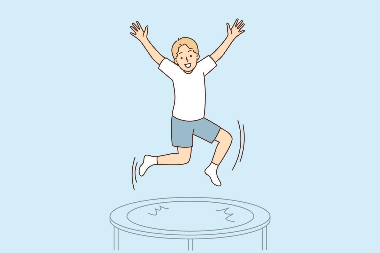 Adolescência Garoto saltos em trampolim desfrutando ao ar livre Atividades e exercício dentro academia. pequeno Garoto é pulando em trampolim levantando mãos acima e sorridente desfrutando período de férias dentro diversão parque ou Parque infantil vetor