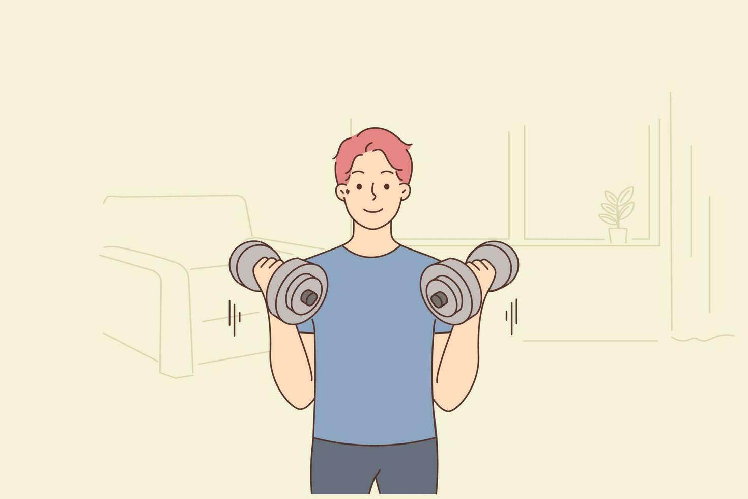 jovem homem com halteres Treinamento às lar. sorridente cara Faz esporte exercite-se dentro de casa. fisica atividade e exercício. vetor ilustração.