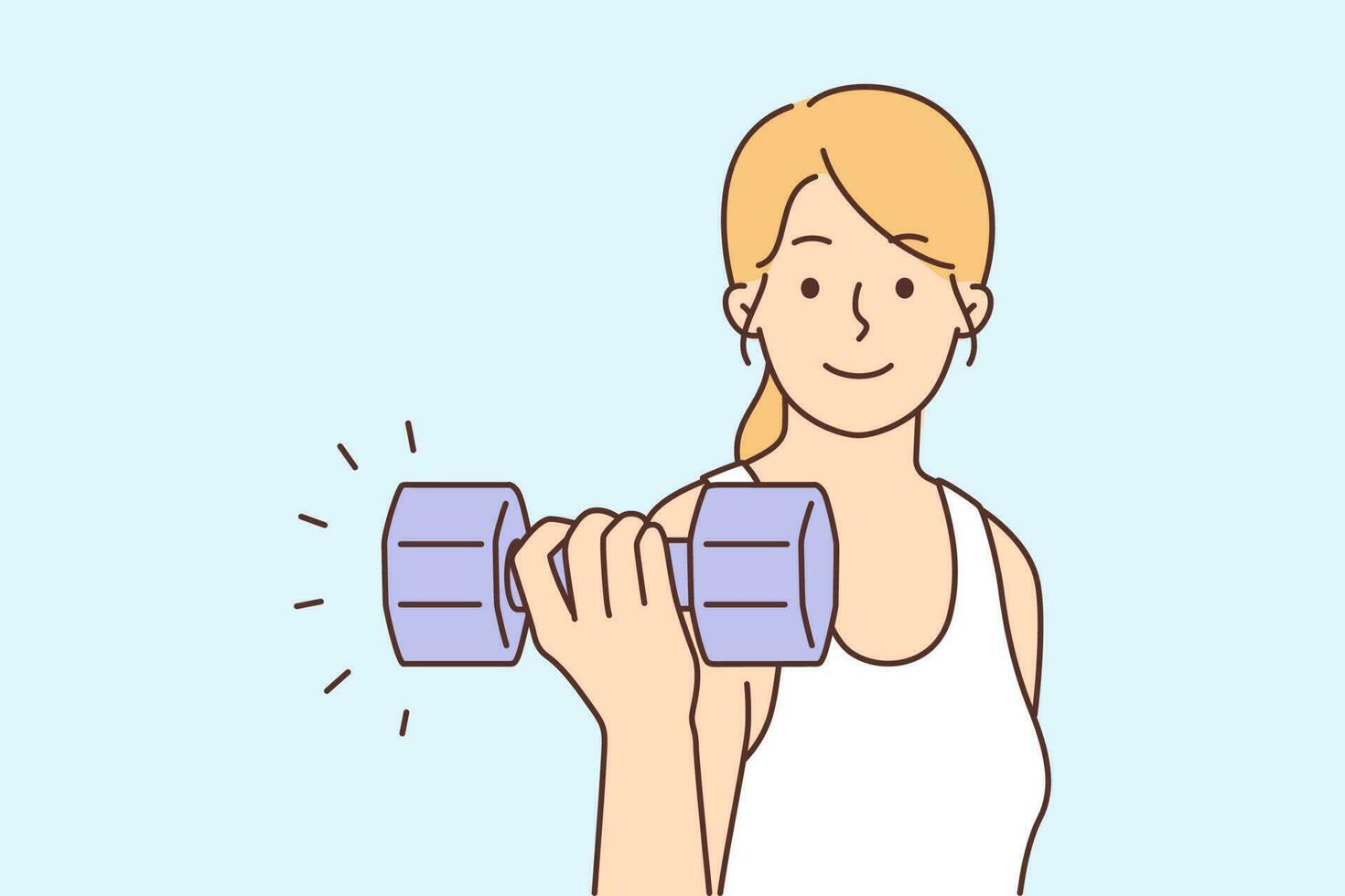 sorridente tonificado mulher com haltere Faz Esportes. feliz fêmea Treinamento exercício para Melhor fisica forma. exercite-se e fitness. vetor ilustração.