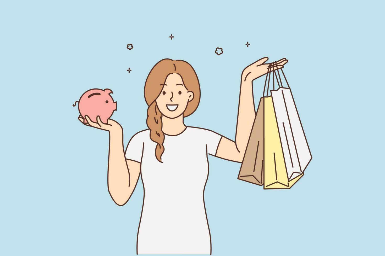 sorridente mulher segurando cofrinho e compras bolsas. feliz menina animado com compra fez em poupança dentro porquinho banco. vetor ilustração.