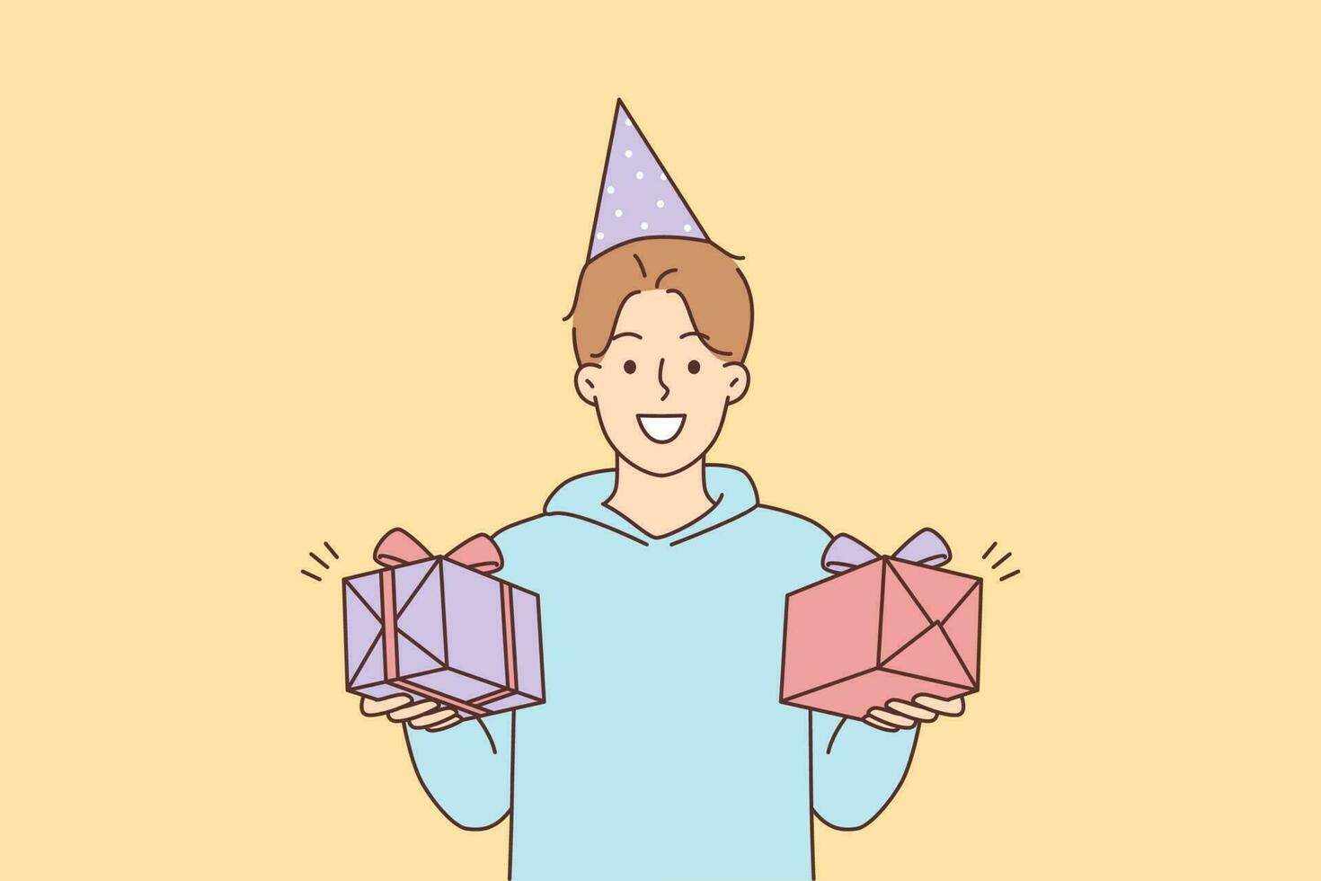 sorridente jovem homem dentro aniversário chapéu segurando apresenta dentro mãos. feliz cara a comemorar aniversário aniversário. festa e celebração. vetor ilustração.