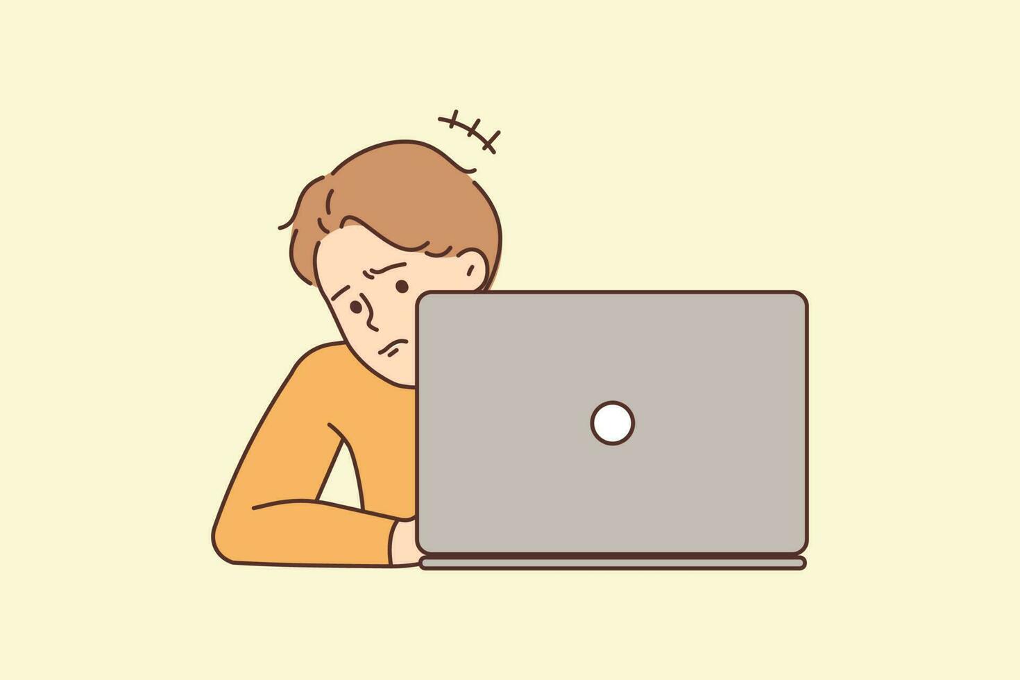 infeliz jovem homem trabalhando em computador portátil tendo problema on-line. chateado frustrado cara usar computador confuso com operacional problema ou erro. vetor ilustração.
