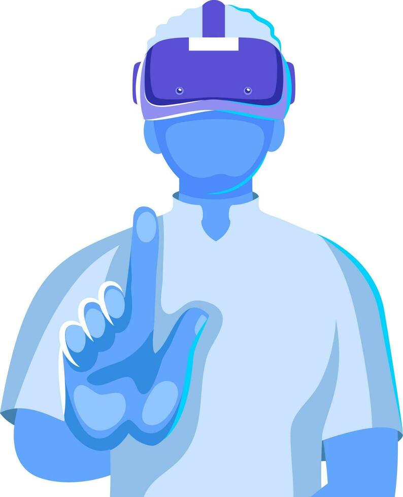 azul ilustração do dedo toque homem vestindo vr óculos contra branco fundo. vetor
