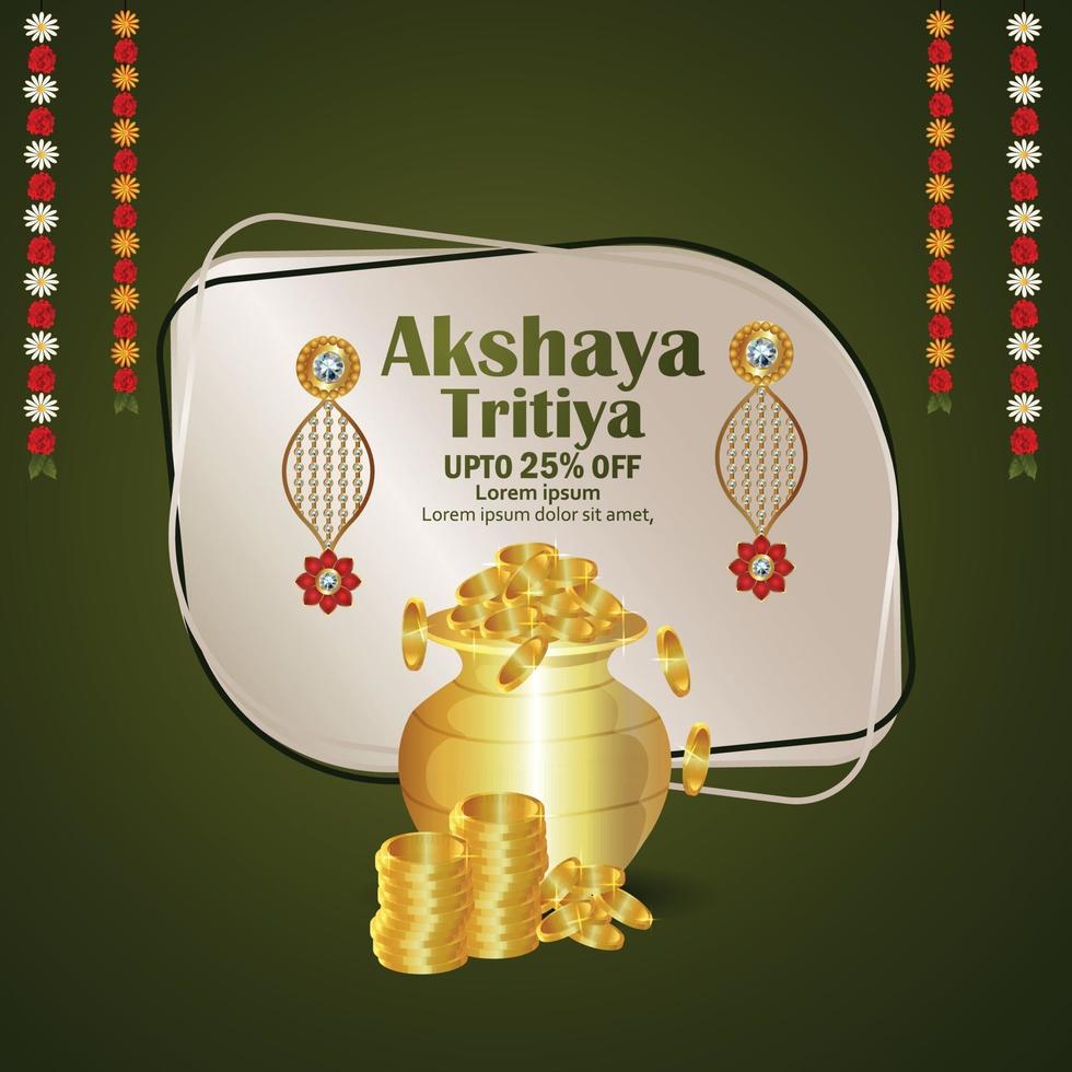 Cartão comemorativo do festival indiano akshaya tritiya com pote de moedas de ouro e brincos de ouro vetor