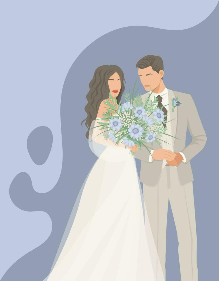 recém-casados, noiva e noivo. Casamento Projeto para convite, romântico cartão, nupcial salão. vetor abstrato ilustração