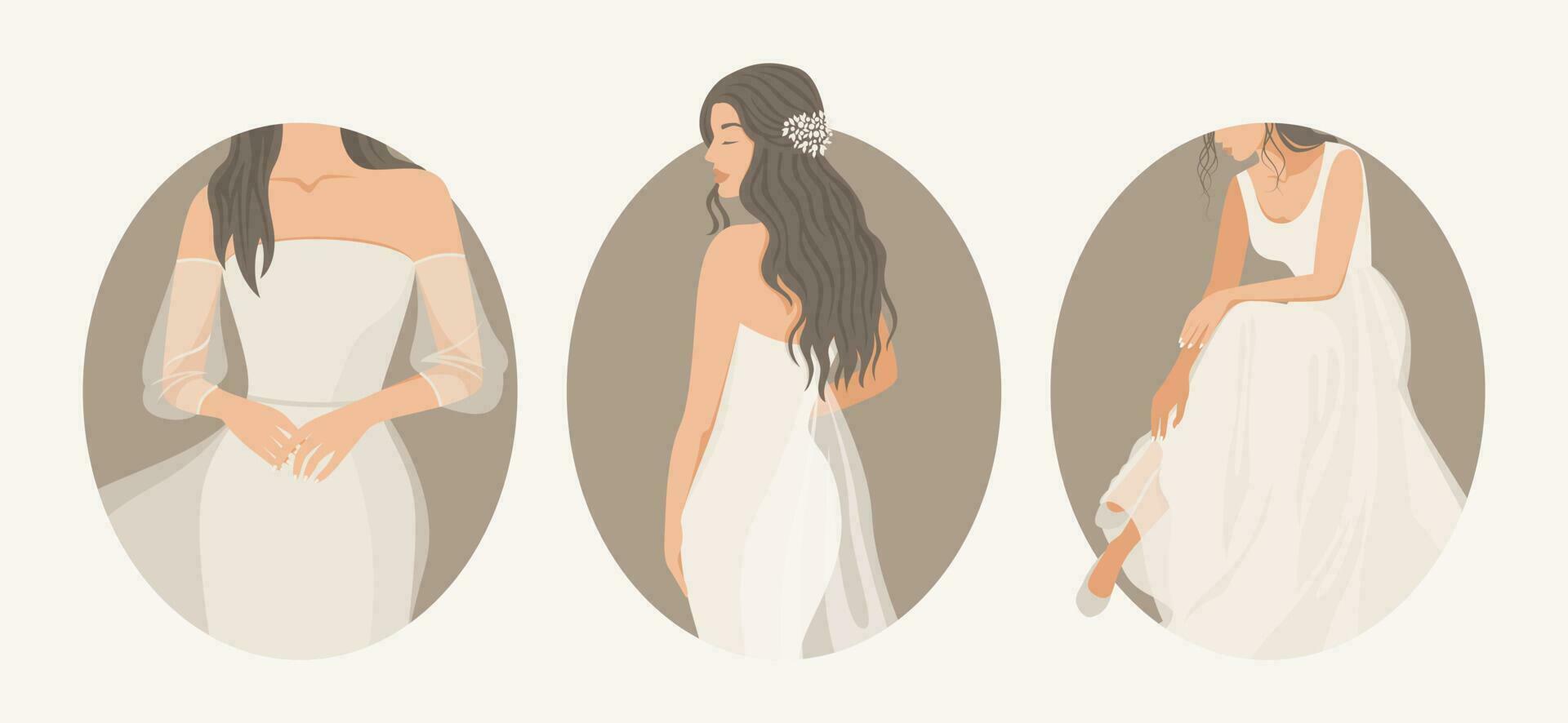 conjunto do abstrato lindo mulheres dentro delicado Casamento vestidos. decorativo enfeite para decoração. Casamento salão conceito. vetor simples ilustração