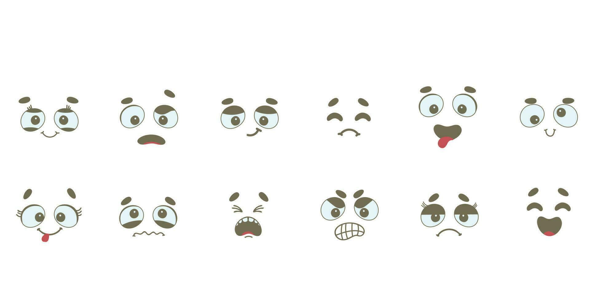 rostos de desenhos animados. boca e olhos expressivos, sorriso, choro e expressões faciais de personagens surpresos. emoções em quadrinhos da caricatura ou doodle emoticon. conjunto de ícones de ilustração vetorial isolado vetor