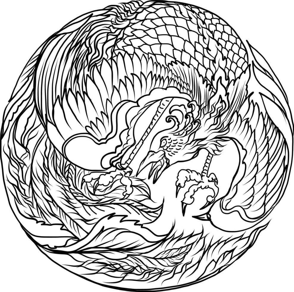 Fénix fogo pássaro vetor e ilustração Projeto para tatuagem.chinês pavão dentro círculo silhueta e isolado em branco fundo. Fénix coloração livro vetor.