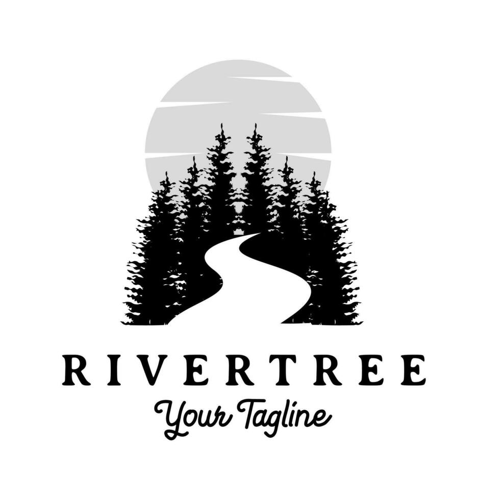 retro vintage pinho árvore ilustração com rio logotipo Projeto vetor