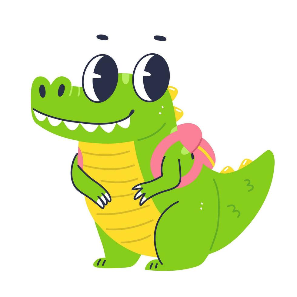 fofa personagem crocodilo estudante. desenho animado plano bebê crocodilo com mochila. elementar escola vetor ilustração.