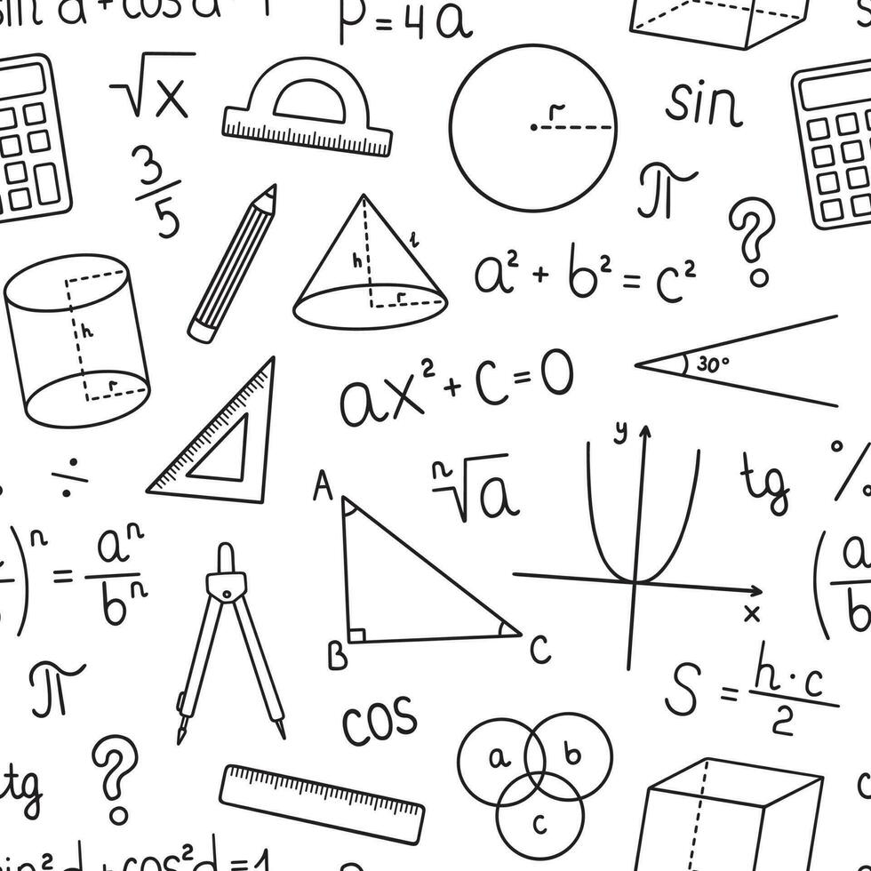 desatado padronizar do matemática doodle. escola equipamento, Matemáticas fórmulas dentro esboço estilo. mão desenhado vetor ilustração