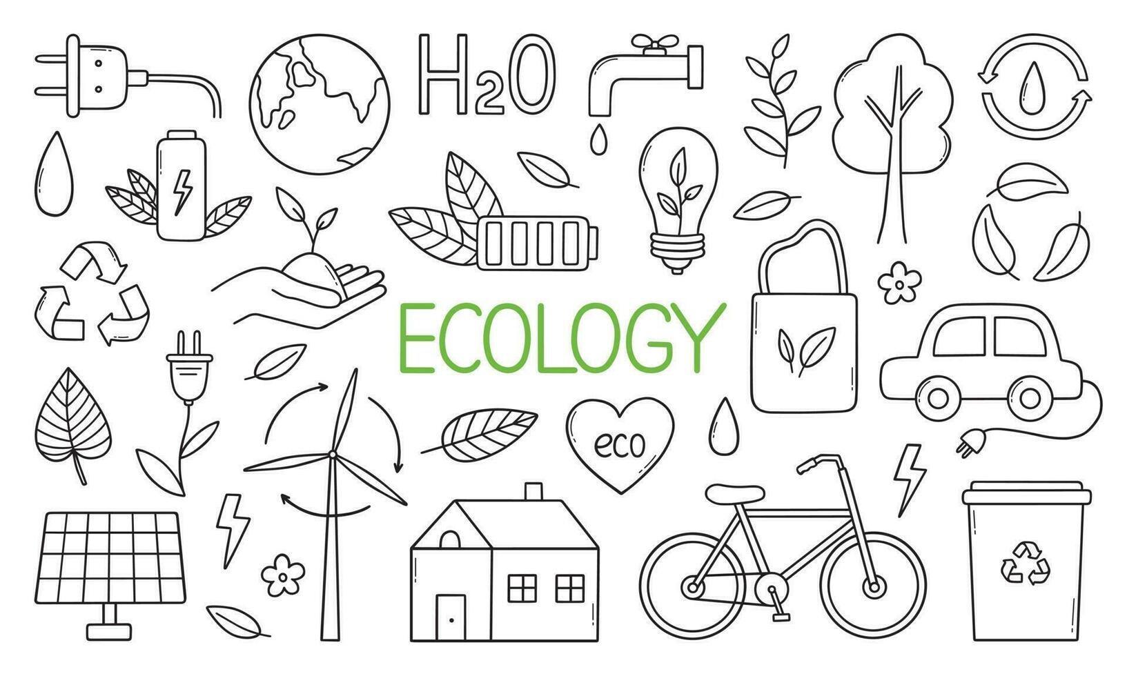 ecologia rabisco definir. verde energia, natureza proteção, zero desperdício, eco amigáveis conceito. vetor ilustração isolado em branco fundo.