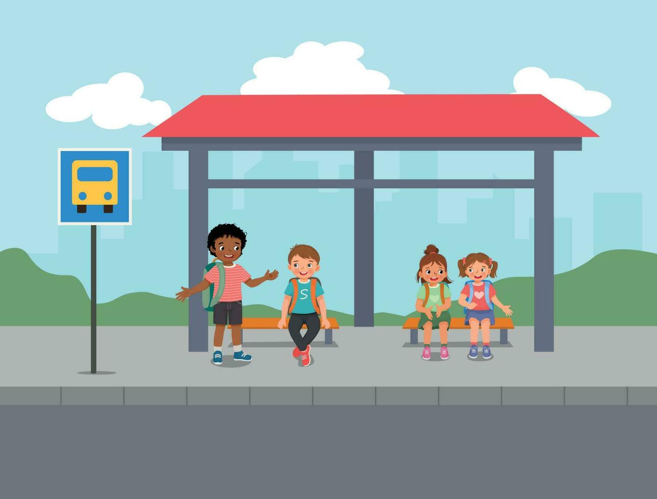 grupo do pequeno alunos falando enquanto esperando para escola ônibus às a ônibus Pare vetor