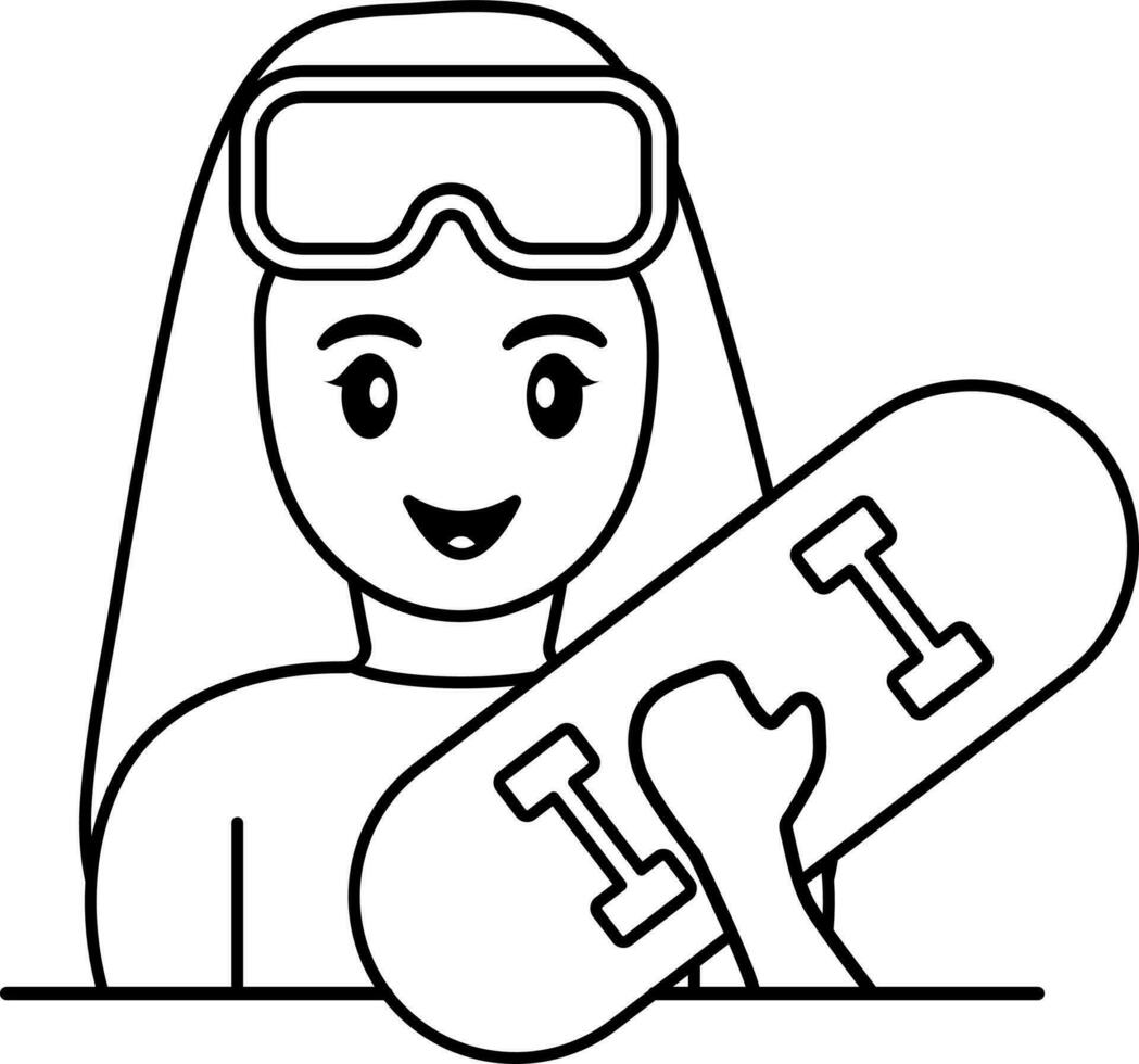 jovem menina segurando skate ícone dentro Preto linha arte. vetor
